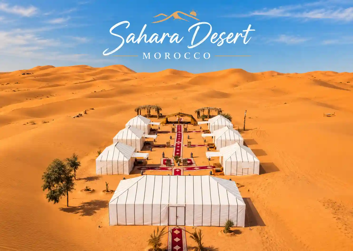 Desert camp in the golden dunes of Merzouga, Morocco