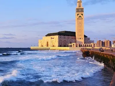 Hassan II Mosque in Casablanca on the Atlantic coast at sunset